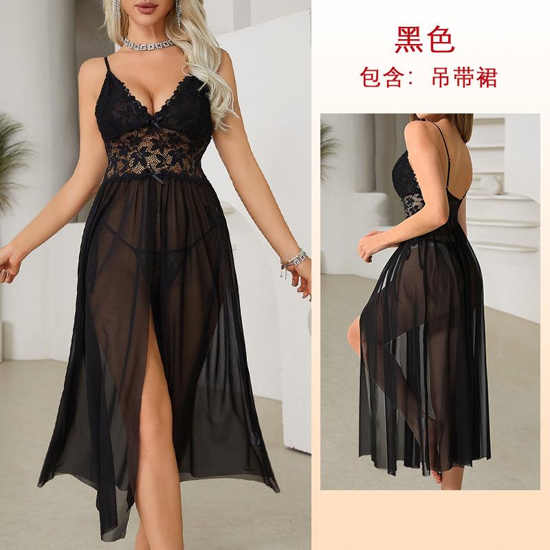 Large size erotic underwear sexy mesh lace pajamas split suspender skirt long loungewear pajamas