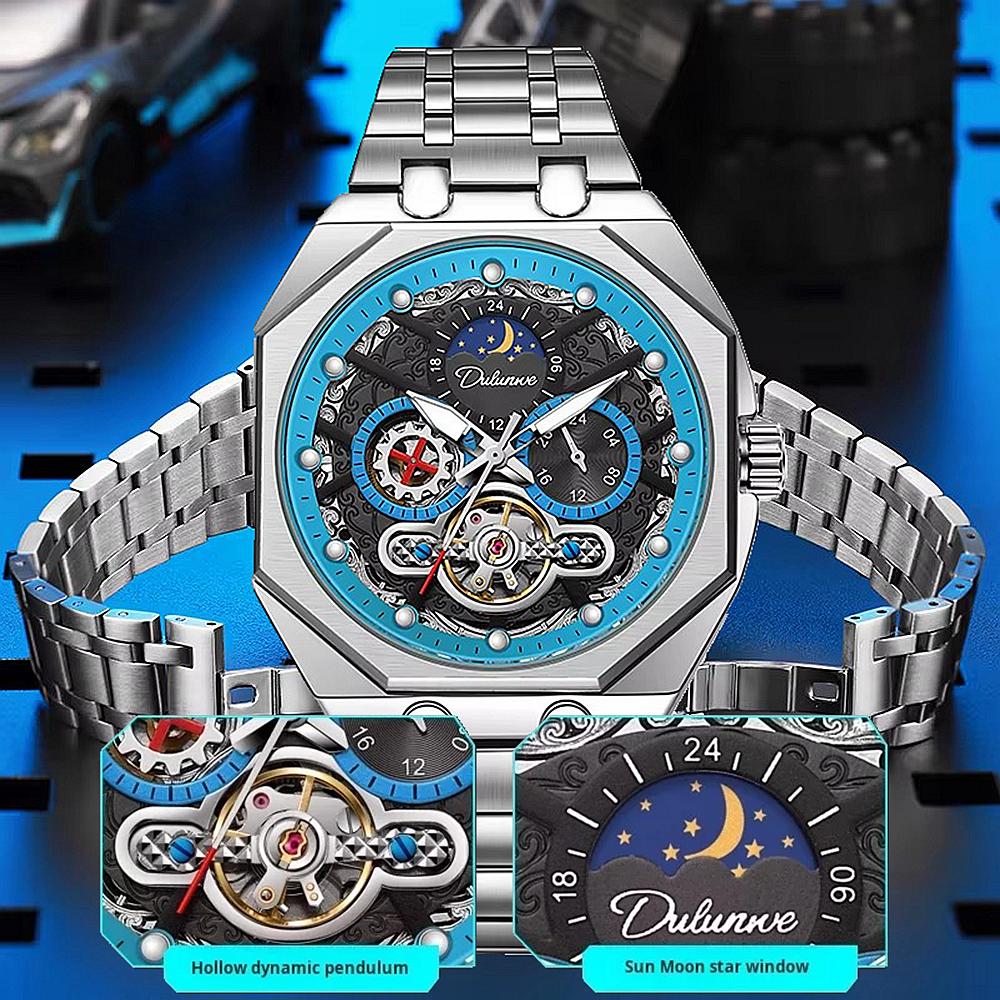 Tourbillon Hollowed Out Strong Luminous Moon Phase Mechanical Watch for Men, Fully Automatic Business Watch, Holiday Gift, Stainless Steel Watch