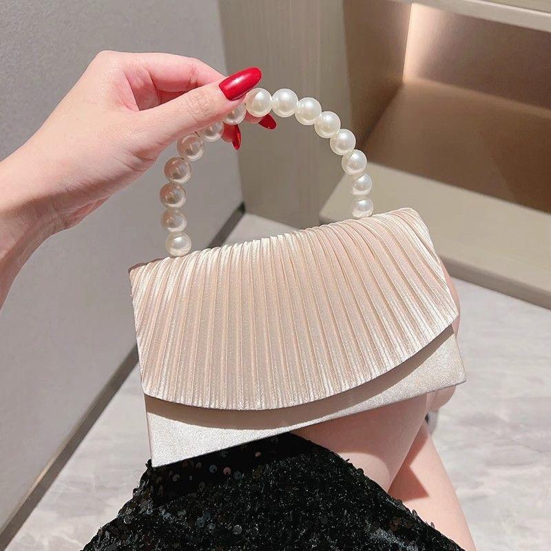 Beige Pleated Handbag Women Pearl Handle Flap Shoulder Bag Ladies Elegant Fashion Banquet Desiqner Luxury Crossbody Bag 2025 New