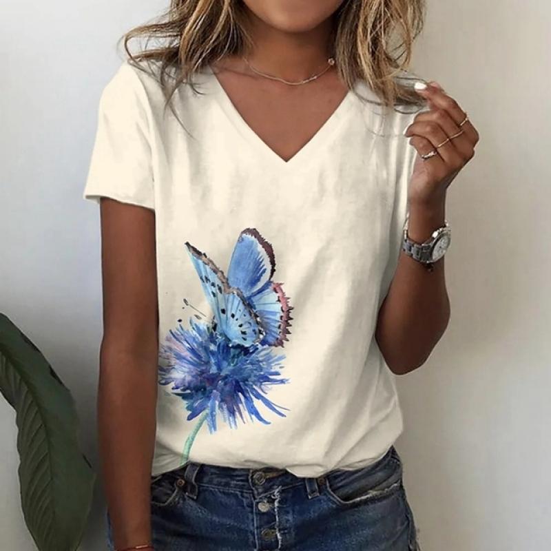 Летняя футболка с v-образным вырезом, свободная удобная рубашка с принтом, простая модная уличная женская футболка, повседневные универсальные топы, одежда