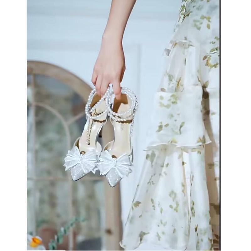Туфли на высоком каблуке женские летние 2025 новые красивые свадебные туфли со стразами и бантом, заостренный тонкий каблук, легкие универсальные босоножки