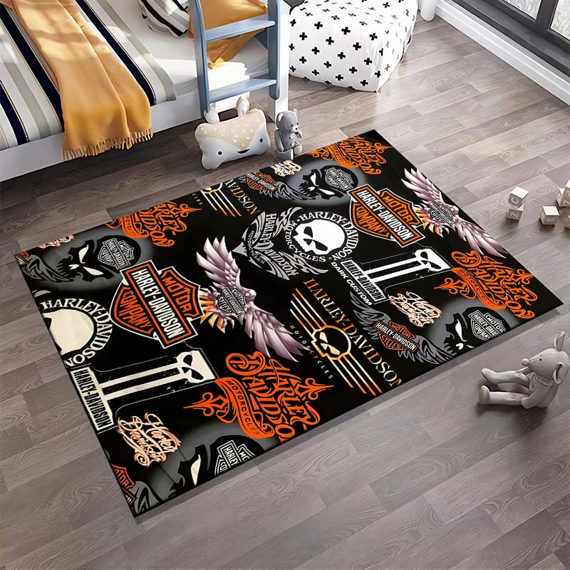 Harley Davidson Inspired Carpet with Skull, Wings, and Logo Designs Suitable for use as an anti-slip for living room bedroom sofas