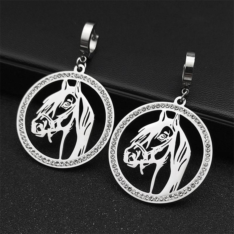 Hollow Horsehead Rhinestone Dangle Pendants Earrings for Women Men Stainless Steel Gold Color Animal Earring Jewelry Gifts E42