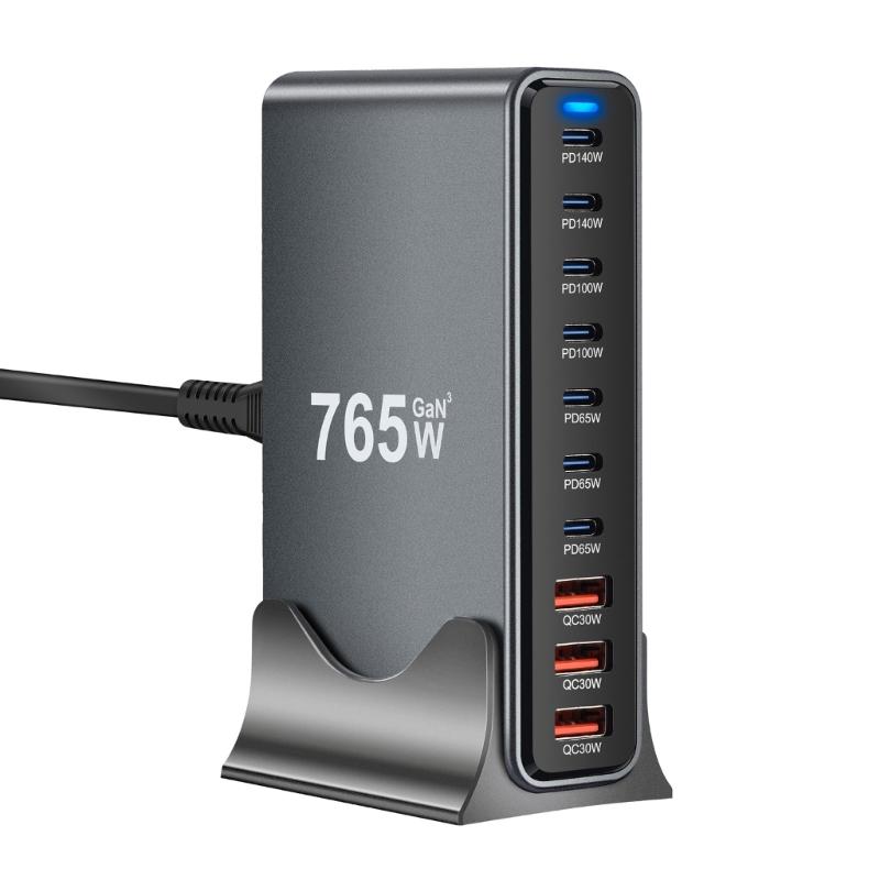 Многопортовое GaN-зарядное устройство 765 Вт Power Delivery Быстрая зарядка Материал ABS PC 10-портовая USB-станция зарядки
