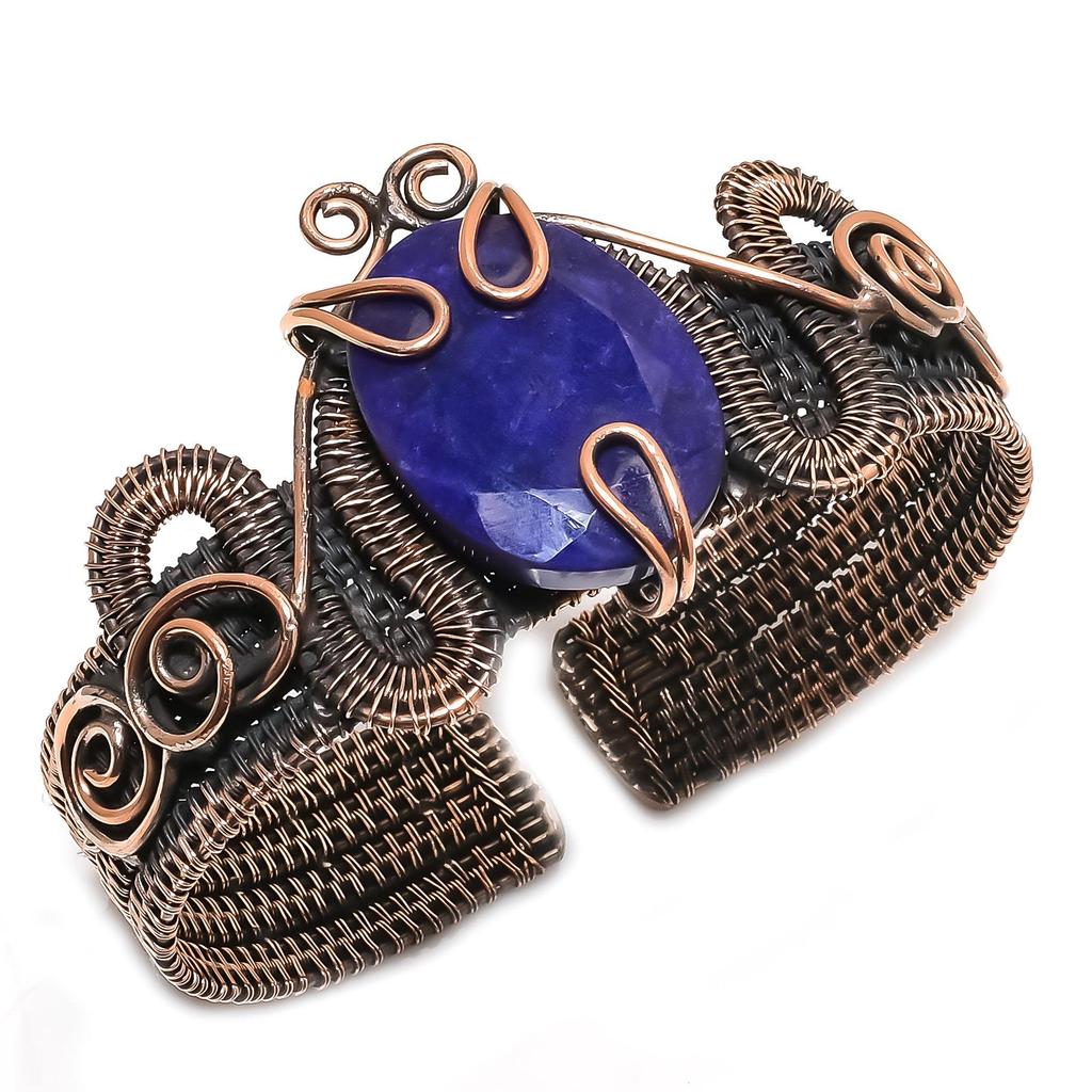 Браслет с синим сапфиром, Браслет с драгоценным камнем ручной работы, Антикварные украшения, обернутые медной проволокой 999 пробы, Для подарка на помолвку