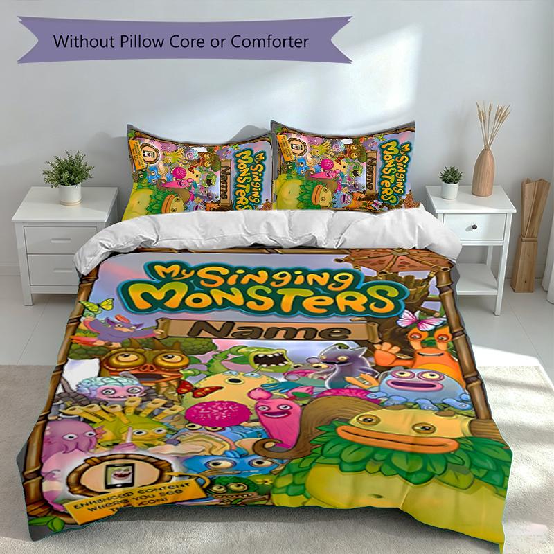 3pcs Custom Name My Singing Monsters Set,Includes 1 Duvet Cover and 2 Pillowcases,All-season Bedroom Decor