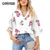 Большие размеры женская летняя новая элегантная свободная рубашка с V-образным вырезом и рукавами-лепестками из шифона с принтом