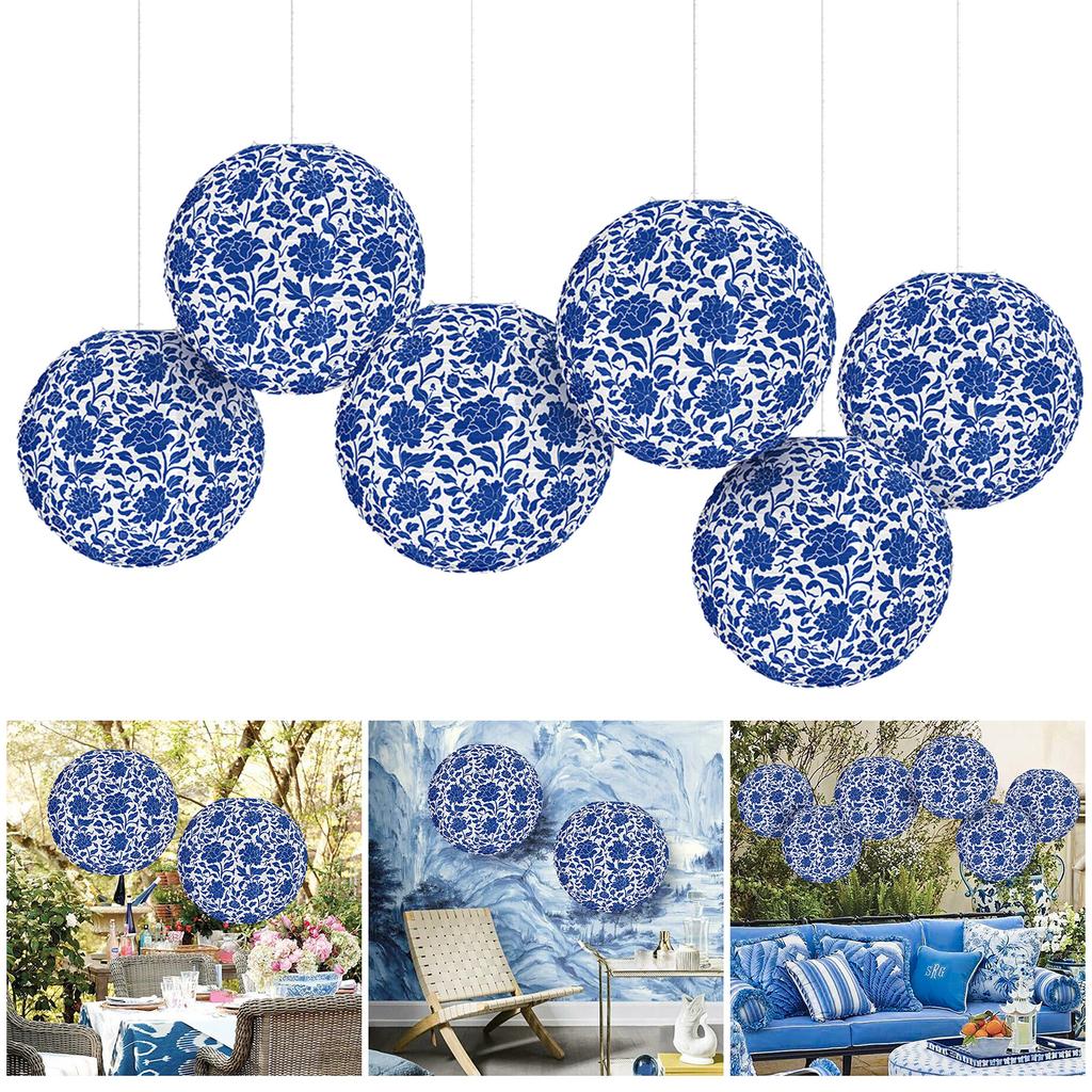 Pack of 6 Traditional Blue White Porcelain Paper Lanterns for Indoor Outdoor Use Handmade Hangings Party Ornament