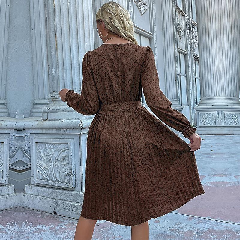 Women's O Neck Long Sleeves Fall Lace Up Print High Waist All Match Dress