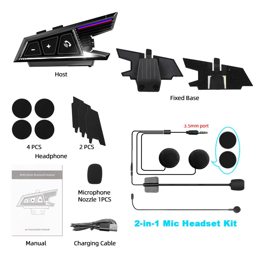 BT40 Motorcycle Wireless Helmet Headset Stereo Bluetooth Hands Free Call Earphones IPX6 Waterproof 1000mAh with Ambient Light