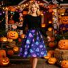 Women's Long Sleeve Halloween Dress Round Neck Casual Midi Dress with Printed Skirt and Waist Tie for Seasonal Occasion