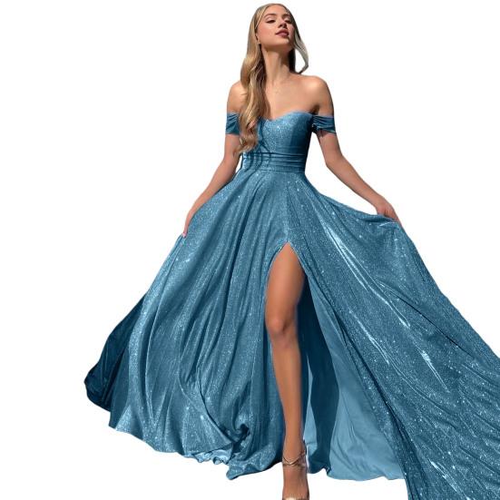 Женское вечернее платье с открытыми плечами-бандо без спинки без рукавов с открытой спиной и блестящими пайетками с разрезом подол трапециевидной формы, большие качели, платье для выпускного вечера, макси-платье, бальное платье