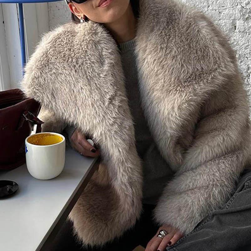 Женская модная укороченная куртка из искусственного меха, пальто с длинным рукавом, застегивающаяся на кнопки спереди, женская верхняя одежда, шикарный воротник с лацканами, толстое пальто