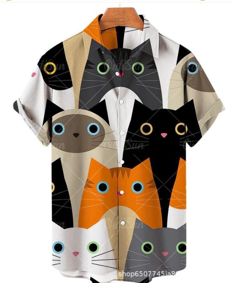 Men's Shirt 3D Black and White Cat Personalised Print Casual Fashion Daily Wear Men's Short Sleeve Shirt