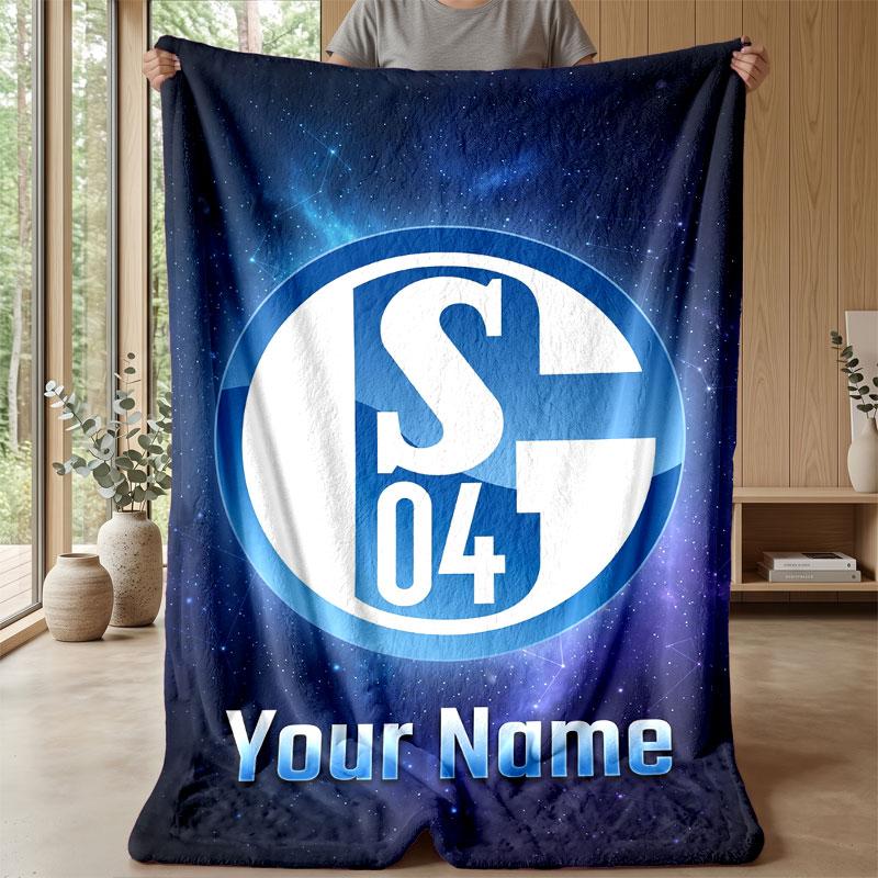 Schalke 04 FC Custom Name Text Flannel Blanket Soccer Logo Personalized Fleece Throw Blanket Special Gift For Sofa Bedroom Home