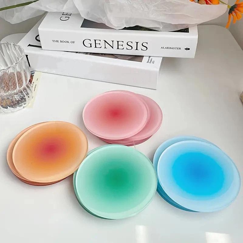 1/4Pcs Gradient Acrylic Round Coaster Sunset Gradient Heat Coffee Cup Pad Hot Drink Round Mug Mats Kitchen Dining Table Decor