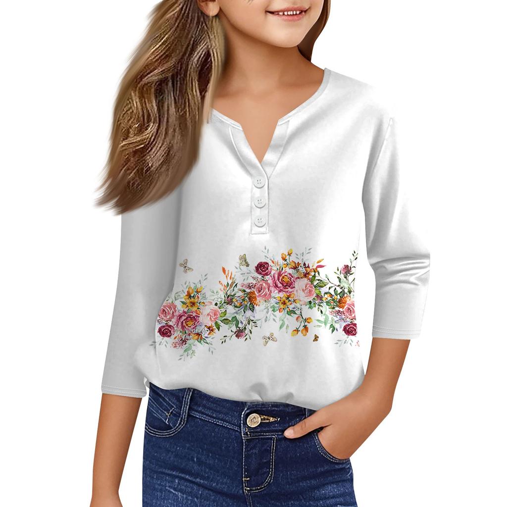 Повседневные модные топы для девочек с принтом, футболка с семью рукавами и пуговицами