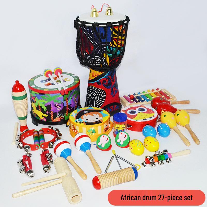 Детские музыкальные инструменты Орфа: Треугольник, Кастаньеты, Маракасы, Бубен, Деревянные бруски, Тарелки