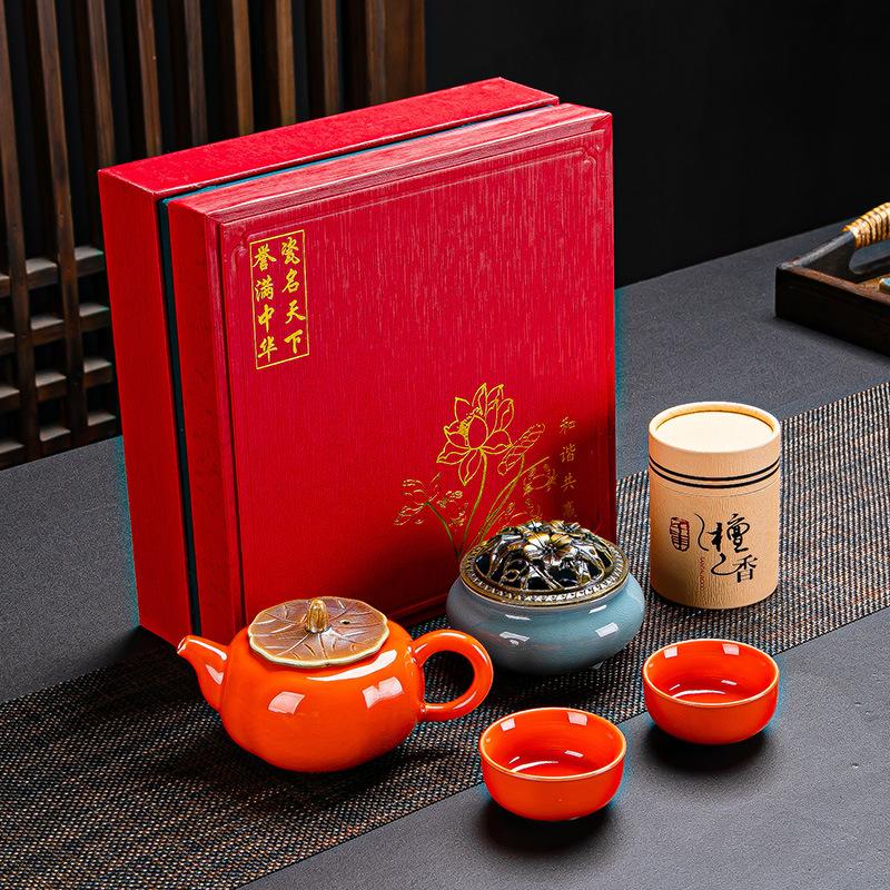 Guochao Ceramic Tea Set, One Pot, Two Cups and Four Cups Travel Gift Box Set.
