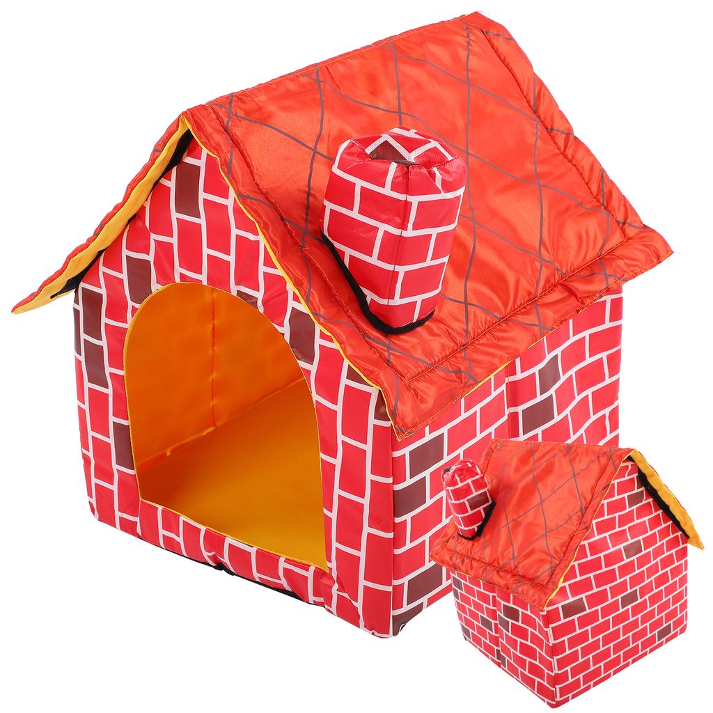 Pet House Foldable Bed Red Brick Chimney Cat Puppy Bed Tent Pet Removable Washable HouseRed