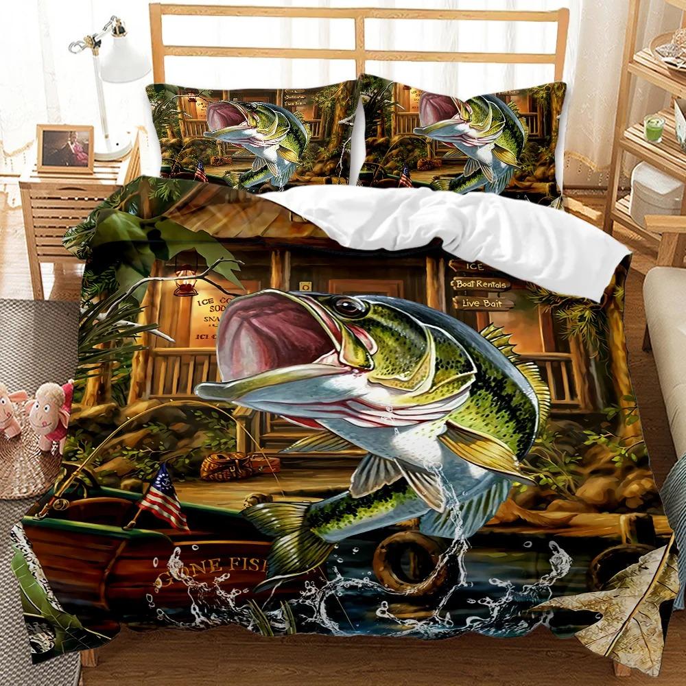 3D Printed Big Pike Fishing Hunting Bedding Set Fishing Duvet Cover Double Twin Full Queen King Adult Kids Bedclothes Quilt Cove