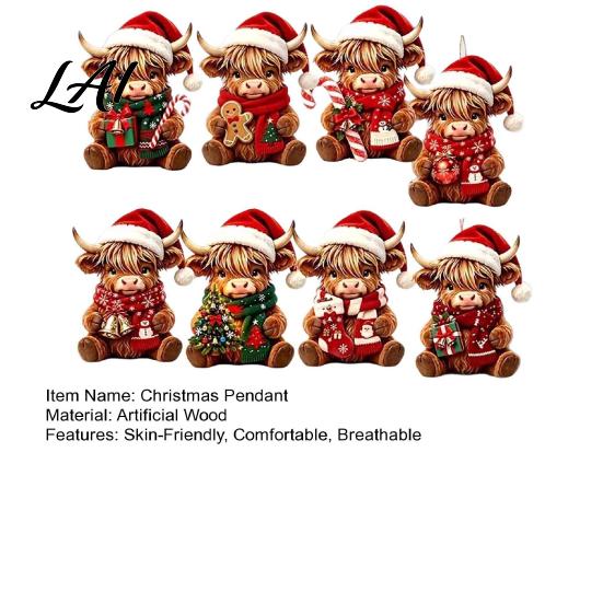 Personalized Holiday Tree Decor Highland Cow Christmas Ornament Set 2D Flat Wooden Animal Theme Gifts Hanging with String Party Decoration