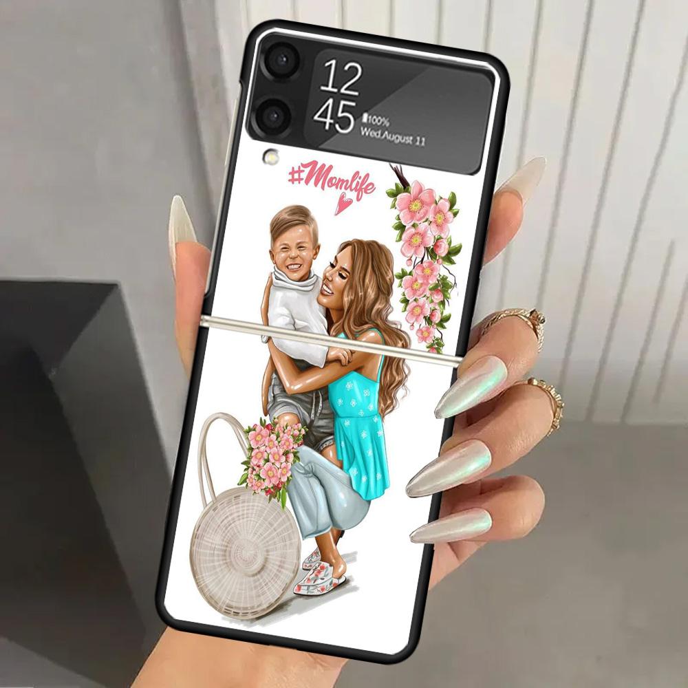 Чехол для телефона с принтом «Мама и малыш» из твердого ПК для Samsung Galaxy Z Flip 6 5 4 3 Черный чехол ZFlip6 Flip5 Flip4 5G Складные чехлы с принтами