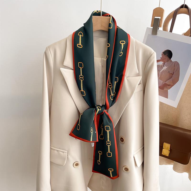 Women Silk Feel Printed Design Scarf Shawl Fashion Luxury Long Narrow Small Silk Scarves Ladies Headband Headscarve Bags Wrap