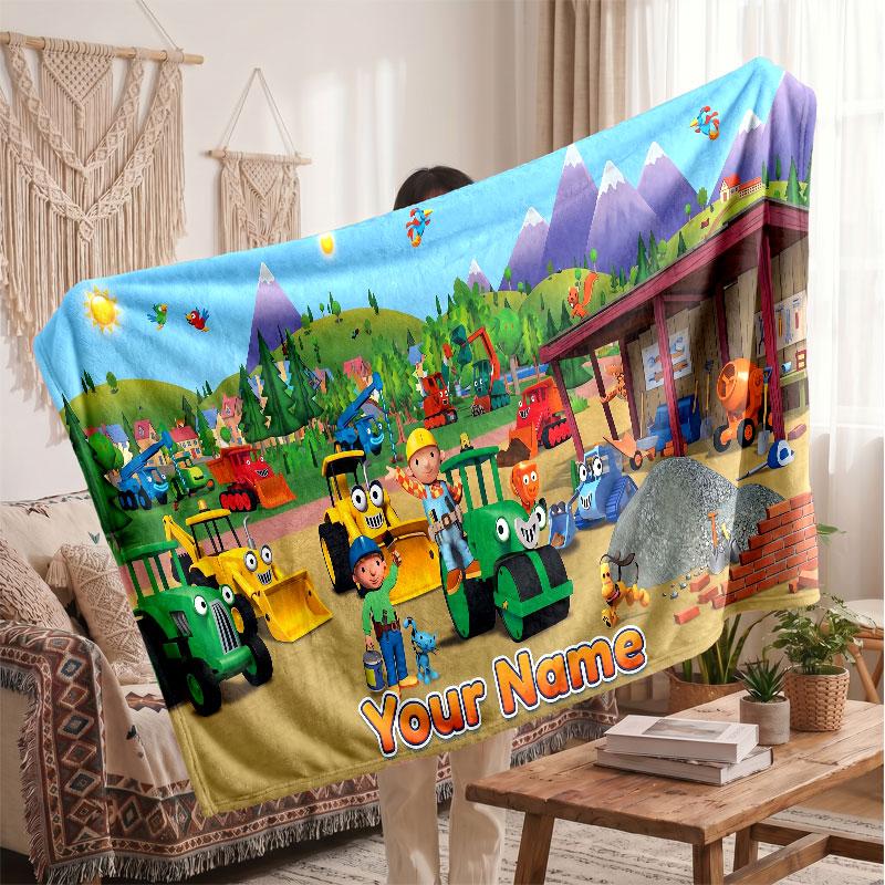 Bob the Builder Personalized Flannel Blanket, Custom Printed Text Name, Warm Soft Blanket For Couch Bed