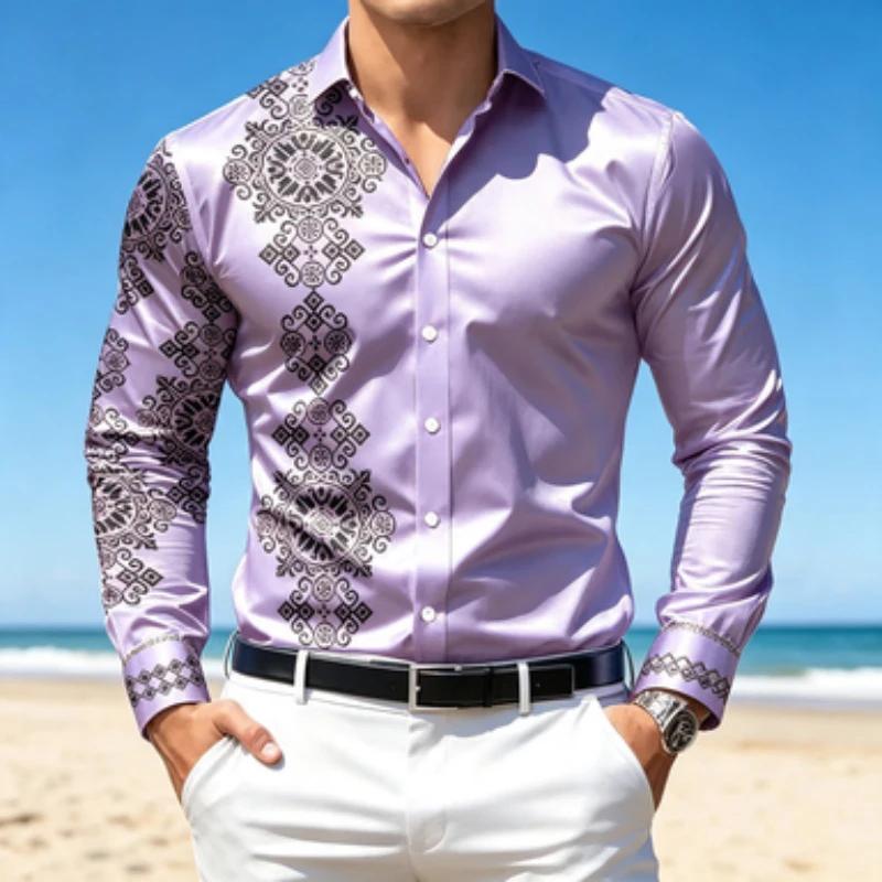 Fashion essential! Men's long-sleeve shirt with decorative patterns, smooth satin fabric.