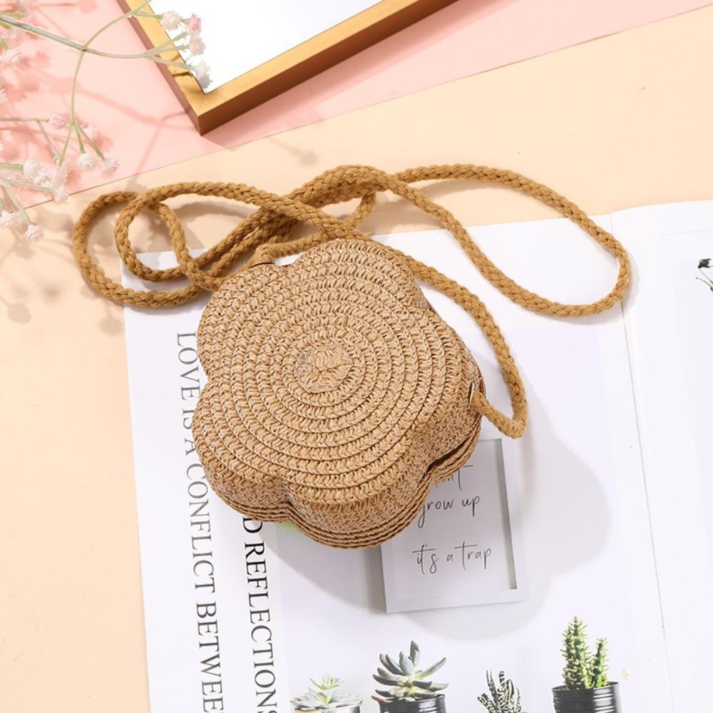 Cute Handmade Kids Straw Bag Flower Shape Woven Crossbody Bag Summer Beach Bag for Children Girls