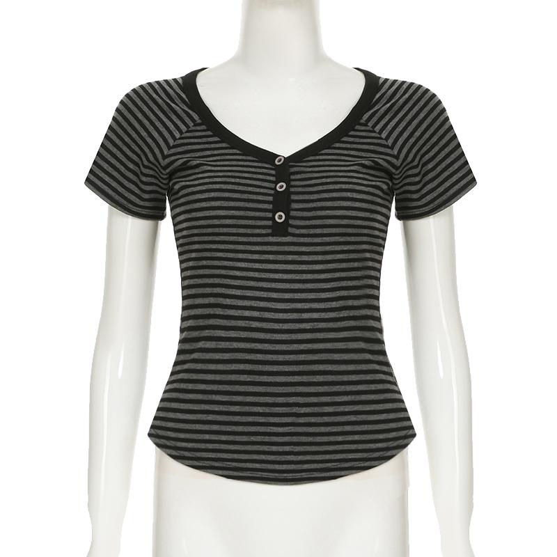 Корейская мода Полосатый V-образный вырез на пуговицах Приталенные футболки Женский летний топ с коротким рукавом Футболки Эстетика Y2K Новинка