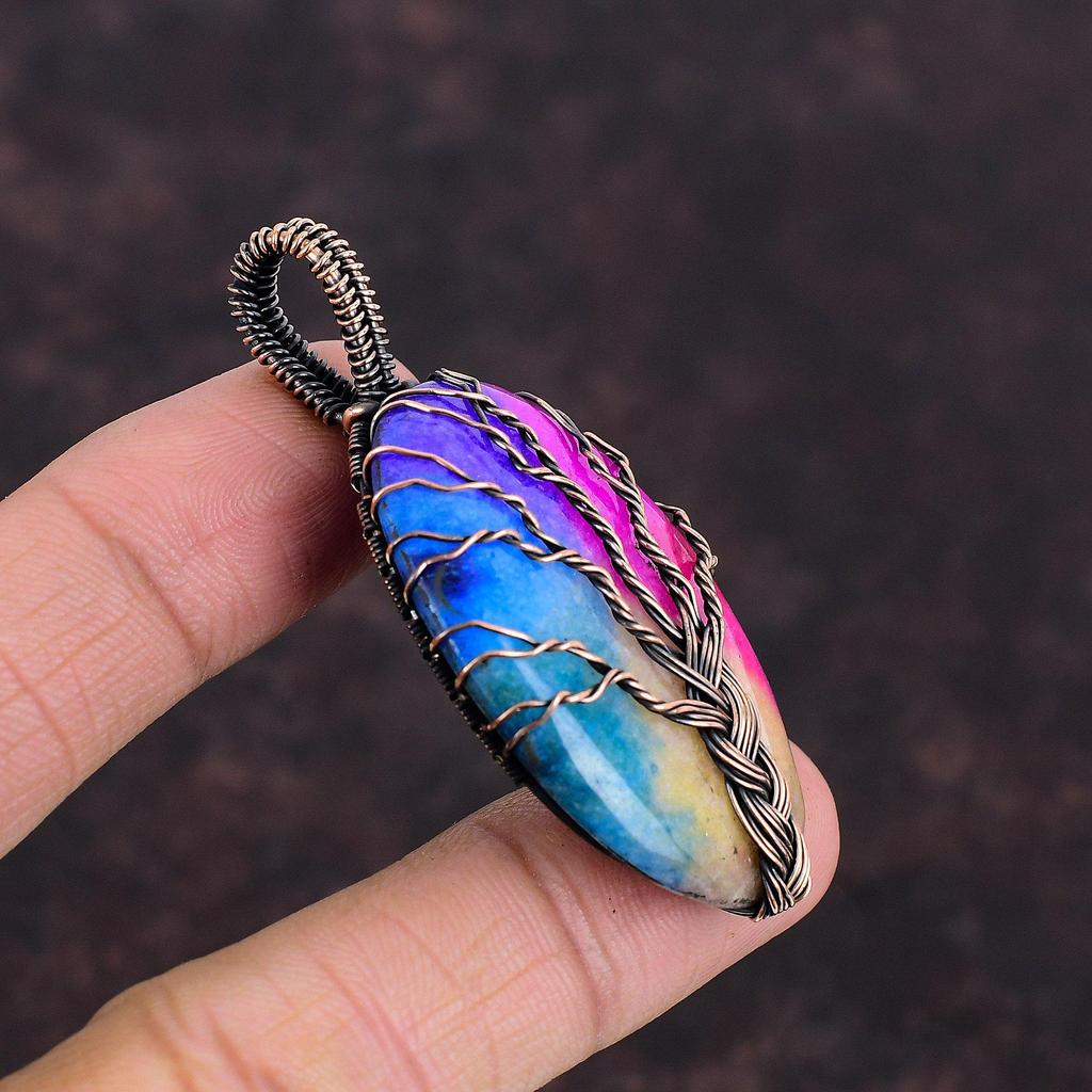 Древо жизни Радуга Солнечный кварц Друзы Подвеска Медная проволока Обернутая подвеска Ручной работы Медные украшения Натуральный драгоценный камень Подвеска Подарок для женщин