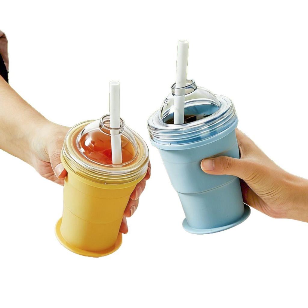 Portable Folding Ice Hockey Cup with Straw & Silicone Ice Cube Tray - Summer Outdoor Tumbler