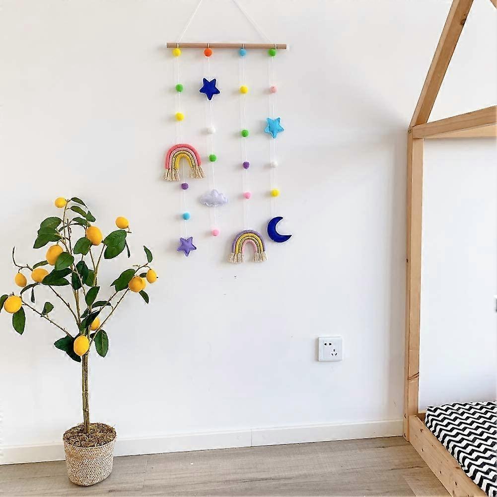 Macrame Rainbow Wall Hanging for Nursery Room,Rainbow Hanging Photo Display with Pom Pom Ball ,Wood