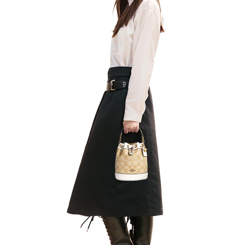 COACH handbag Dempsey 15 Classic Presbyopia Heart Pendant Drawstring Closure Coated Canvas and Leather Bucket Bag Shoulder Crossbody Small Women's