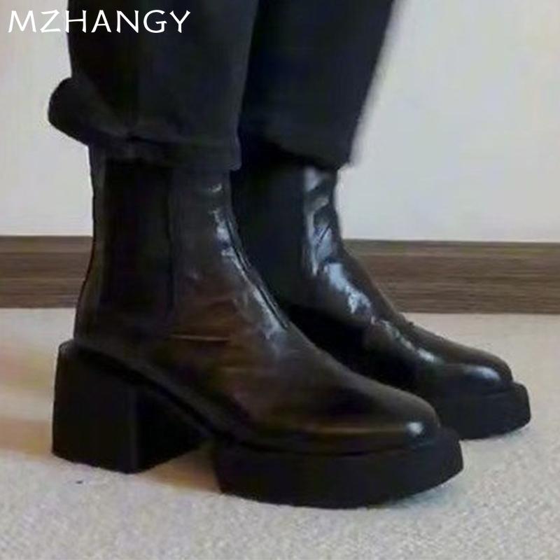 Модные женские кожаные ботильоны на высоком каблуке, дизайнерские элегантные теплые прохладные ботинки для женщин 2025 года, новое зимнее платье, уютные ботинки Mujer