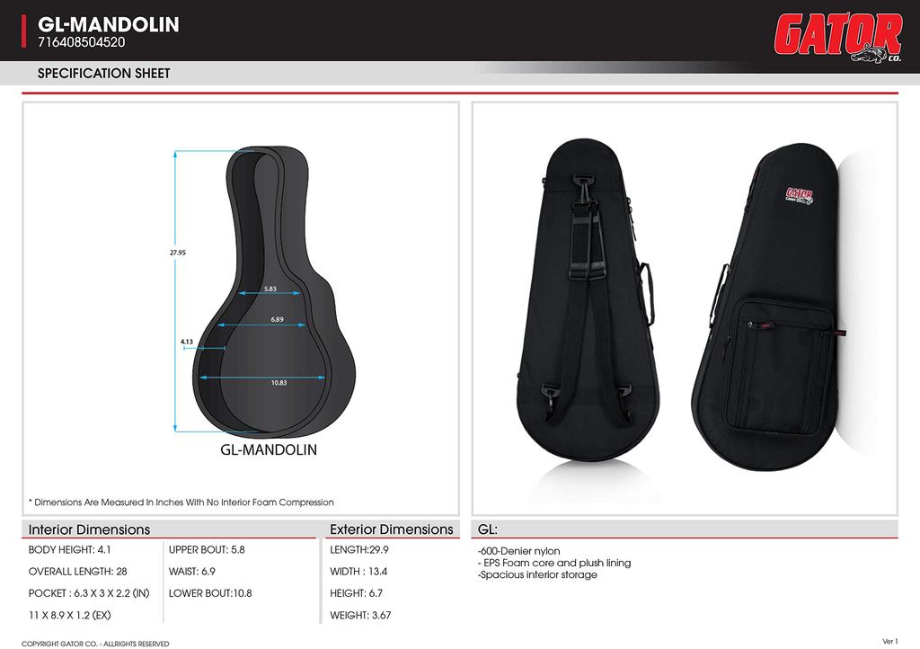 GATOR Легкий полужесткий кейс для мандолины, серия GL Guitar, изготовлен из пенополистирола (ГЛ-МАНДОЛИНА)