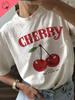 Летняя женская мода с принтом вишни, топы с круглым вырезом, футболки, цветочные графические рукава, женская уличная одежда, простая