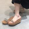 Beautiful Version of One-word Transparent Slope Heel Cool Slippers Women's 2025 New Summer Platform Slippers Wearing Beach Shoes