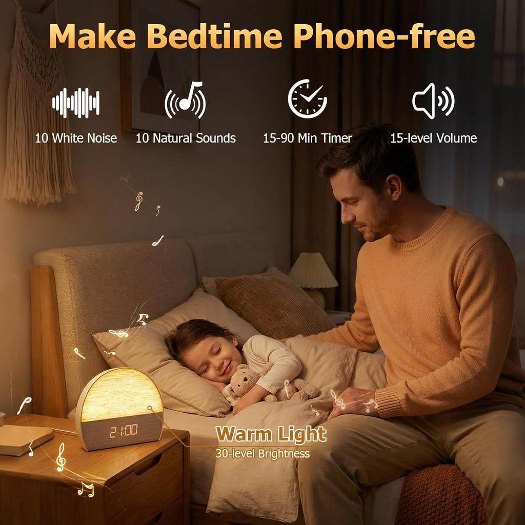 Sunrise Wake-up Light Alarm Clock With White Noise Machine and Night Light, Touchscreen Digital Bedside for Adults/Kids/Bedroom