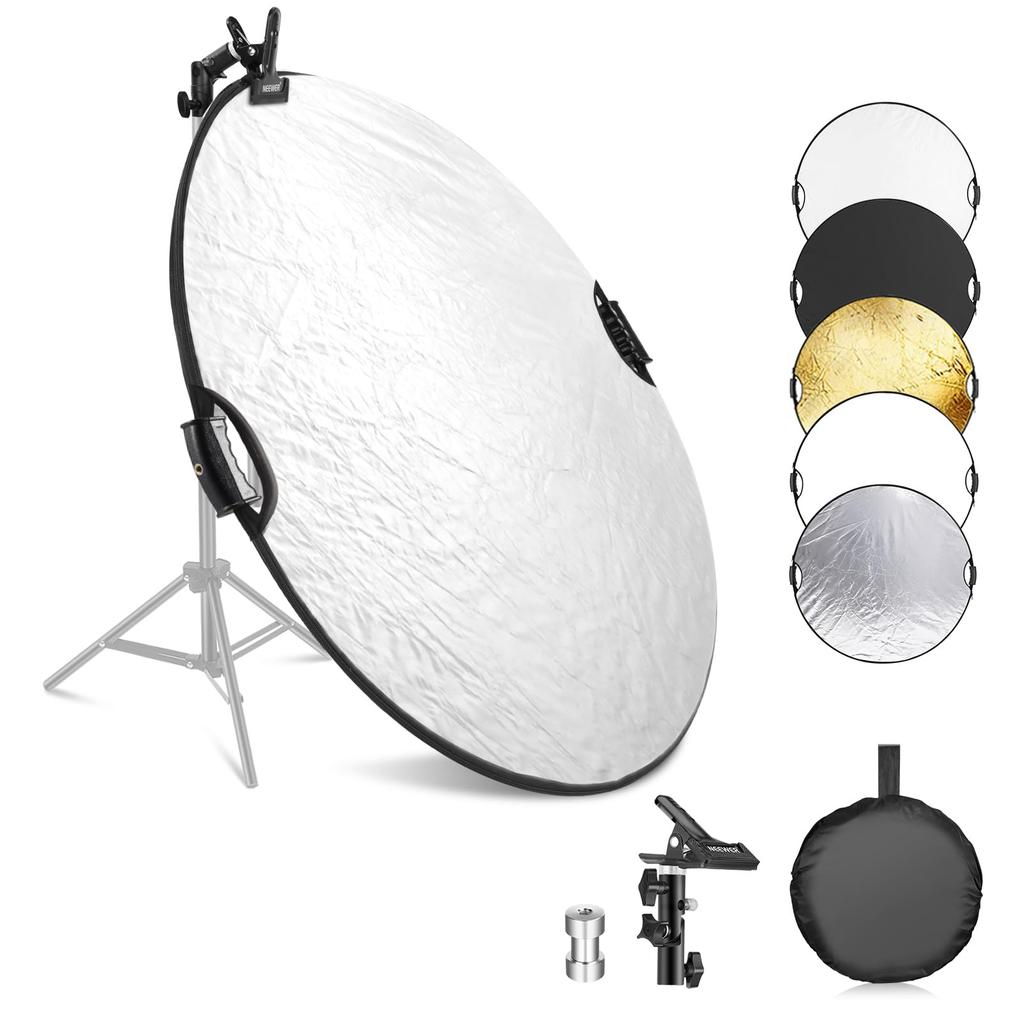 NEEWER 110cm 5in1 Round Reflector Photography Reflector with Grip Screw Foldable Suitable for Studio Outdoor Product Portrait Photography Clamp/Hand