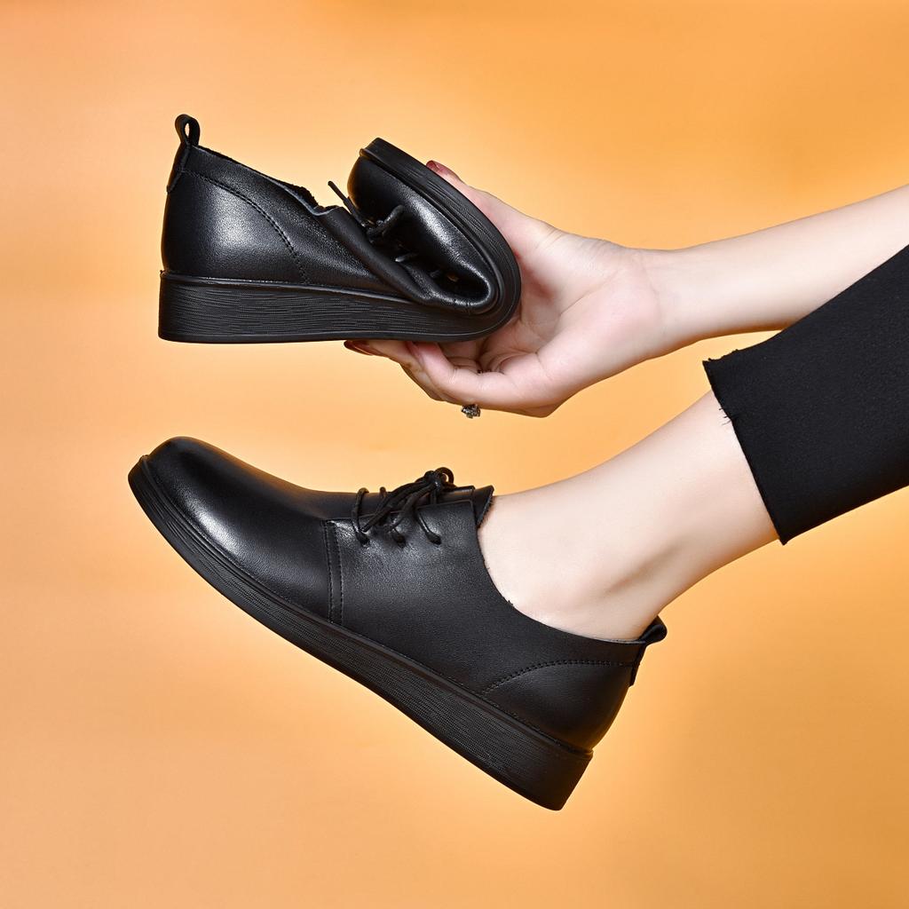 Round Head Small Leather Shoes Women's Spring New First-layer Cowhide Lace-up Flat Shoes Single Shoes Four-season Shoes