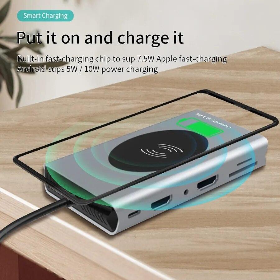 14 в 1 USB Type C HUB Беспроводная зарядка USB 3.0 RJ45 PD-совместимый с HDMI адаптер Док-станция для ноутбука Macbook Pro