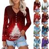 Женская повседневная мода сексуальный комфорт рождественские принты V-образный вырез пуговицы длинный рукав футболка топ