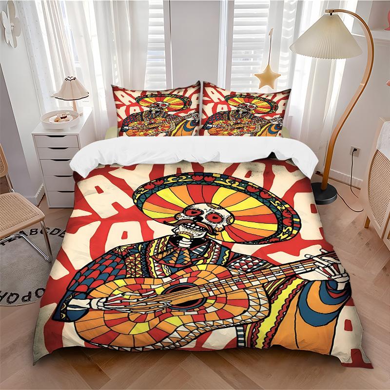3pcs Day of the Dead Guitarist Bedding Set, Includes 1 Comforter + 2 Pillowcases, Without Pillow Inserts, Soft Comfortable, Lightweight Brea