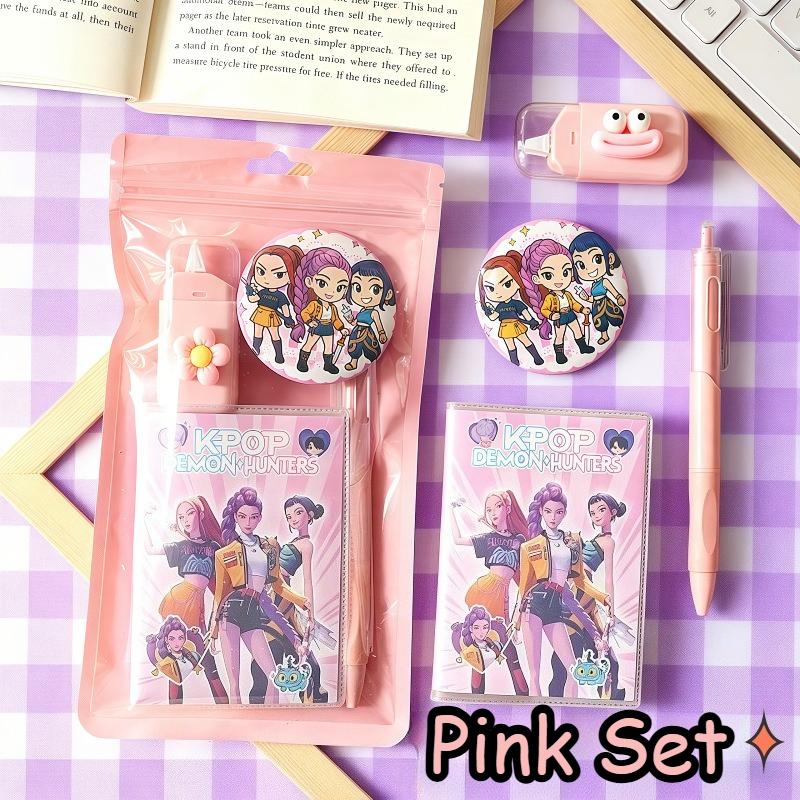 Demon Hunters 4-in-1 Cartoon Kids' Stationery Set, Including Correction Tape, Notebook, Pen and Badge, Ideal Gift for Students
