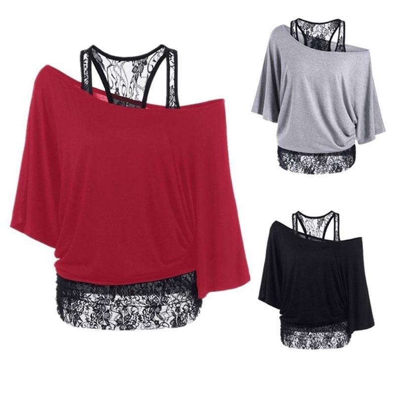 Size Women Plus Loose Vest Lace Stitching Oblique Collar Bat Tshirt Fashion