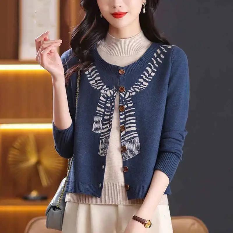 Autumn Winter Mother's Fashion Base Pullover New Loose Sweater Top Fake Two-piece Knitted Cardigan Fashionable