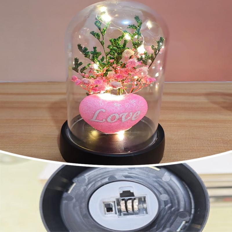 1 Piece Valentine's Day Gift Gypsophila Love Heart Flower Bouquet With Lamp Night Light Acrylic Cover Home Decoration Crafts